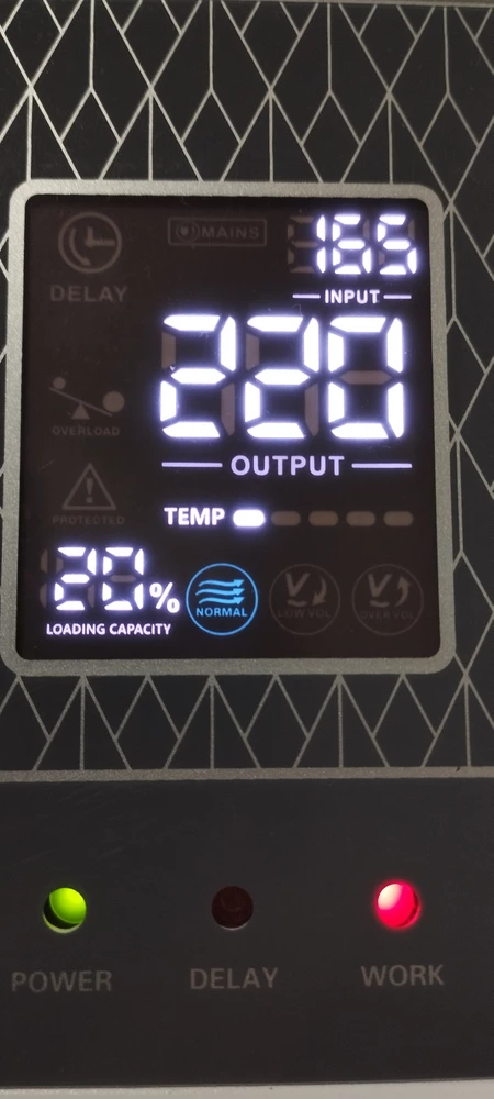20% только загружен и это при старте холодильника. После  старта, когда он уже запустился, показывает 3% Холодильник indesit 400W. Если добавить с кондиционером 7ка и микроволновкой 800W,то около 60%. Спасибо продавцу за скорость и качество. Релюхи не шлак! Контроллер управления тоже на высоте, трансформатор имеет огнеупорный картон вместо пластика как у ресанты. И размеры обмотки внушают доверие.