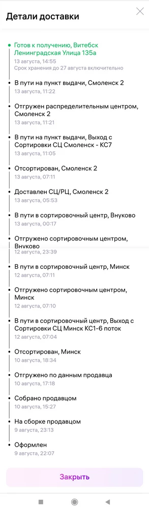 Товар соответствует описанию, все целое. Ставлю 5 звёзд, но доставка ужасная. С Минска на Внуково, с Внуково на Смоленск, а уже со Смоленска на Витебск. Это как!?)