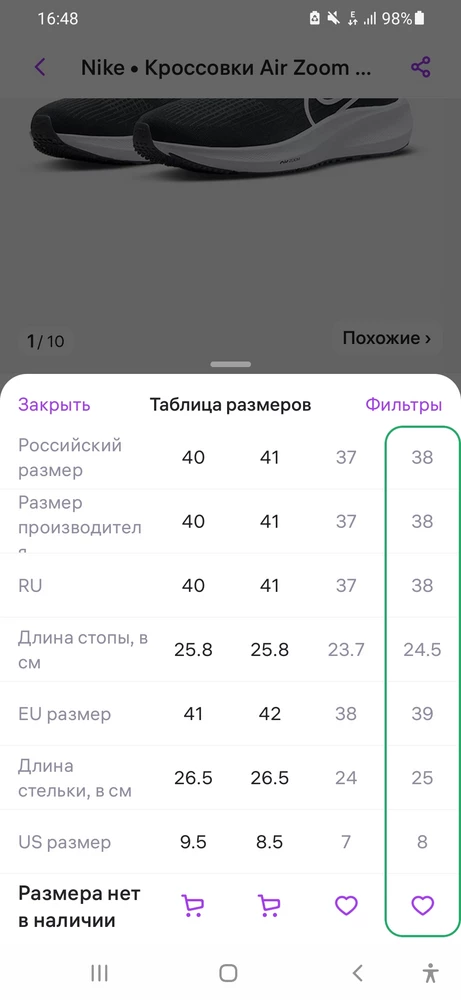 В целом 5 звезд!!! А за 1639р - просто идеально, цена-НО качество. Очень легкие кроссовки, я не носила модели пегасы 37 и 38, и еще не примеряла следующую модель 40, поэтому сравнивать не могу, но модель pegasus 39 по ощущениям пушинка. Но путаница с размерной сеткой. Заказала росс 38 - евро 39 - us 8 - стопа 24.5 (см скрин из карточки товара), а прислали - на коробке крупно 38 и КИТАЙ (хотя в карточке - Вьетнам), на язычке евро 38 - стопа 24 - us 6, но если us 6 идет к евро 38, то это МУЖСКАЯ размерная сетка. А я ориентировалась при заказе на ЖЕНСКУЮ по карточке товара. По опыту мне всегда подходит nike именно us 8 росс 38 евро 39, иногда попадается us 7.5 - тогда беру его, ноги у меня росс 37-37.5, но люблю свободу в стопе, иногда вставляю ортопед/стельки, да и росс размер 37.5 редко бывает в продаже. В полученной модели us 6 пальцы уперлись, значит малы. Еще заказывала следующий размер - на коробке 39, на язычке us 6.5 - евро 39 - стопа 24.5, по идее должен был бы подойти, но мужская модель дала о себе знать - при моем высоком под'еме стопы мне кроссовки все равно великоваты по высоте в передней части, особенно над пальцами и чуть выше, даже если шнуровать туго, и в целом ощущение, что ноги утонули, неуклюже себя в них ощущаю, даже подошва сзади сильно выпирает за линию задника кроссовок, все это смотрится громоздко на тонкой женской щиколотке. И в районе пятки широковато, на мужскую пятку. Хотя у меня стопа и пятка неширокие, возможно кому-то будет комфортно в "мужском". Стоять-сидеть в них очень комфортно, а вот при ходьбе сразу ощущение, что влезла в мужские, хотя по длине стопы размер подошел, даже с приличным излишком, что тоже выдает несоответствие ЖЕНСКОЙ размерной сетке. Т.к. модель pegasus 39 мне понравилась, пробую перезаказать другие цвета в надежде, что пришлют именно то, что указано в карточке - именно росс 38, евро 39, us 8, стопа 24.5. В целом рекомендую к покупке, сделано аккуратно, клей не торчит, упаковано супер, коробки чистенькие. Пока писала отзыв - примерила евро 39 us 6.5 еще раз, вставив стельку, затянув шнурки по максимуму - пожалуй оставлю!))) Все-таки они очень хорошенькие, да и цена..) Закажу еще примерить модель N 40 - пишут, что она потяжелее, но в чем-то совершеннее..