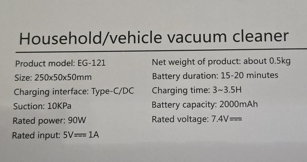 В принципе достаточно мощности чтобы собрать пыль, песок, крошки в машине, почистить/продуть компьютер, но снял 1 звезду за неверные маркетинговые штучки. Ну нет там 19000Па и 200вт мощности. На коробке даже написана максимальная мощность в 90вт (фото приложил) и то это в максимальном режиме будет и в нем она работает не больше пары минут, а потом скинет мощность от перегрева. На первой скорости проработает как и заявлено, 15-20 минут. Батарея честная, 2 шт по 2000мА, заряжается полностью за 4 часа 30мин и взяла энергии 17Wh. Что то более мощное стоит в 3 раза дороже.